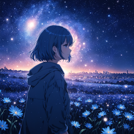 31073027-684726996372601-anime girl, night, blue light behind her, ((Galaxy, Lens flare)), short hair, flower field, night sky, cinematic shot. Wallpaper.png